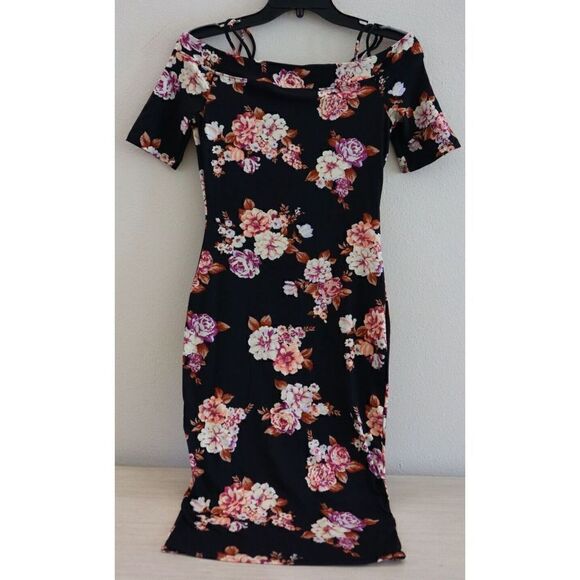 Haute Monde Women's Sz Small Black Floral Cold Shoulder Sheath Midi Dress - Picture 2 of 6
